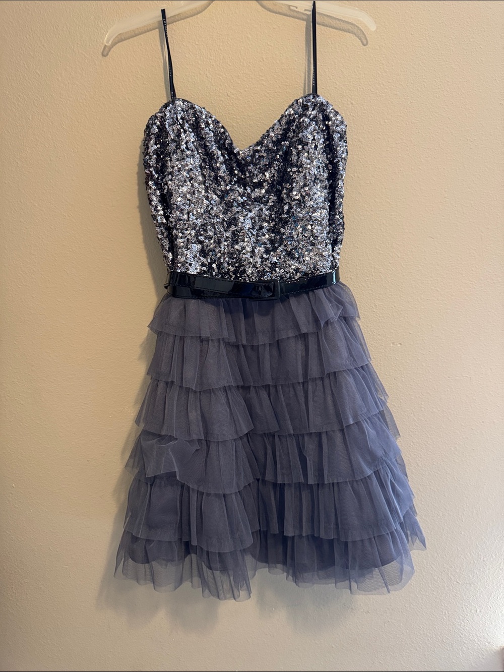 Masquerade Silver Sequin Bodice Gray Tiered Tulle Dress
